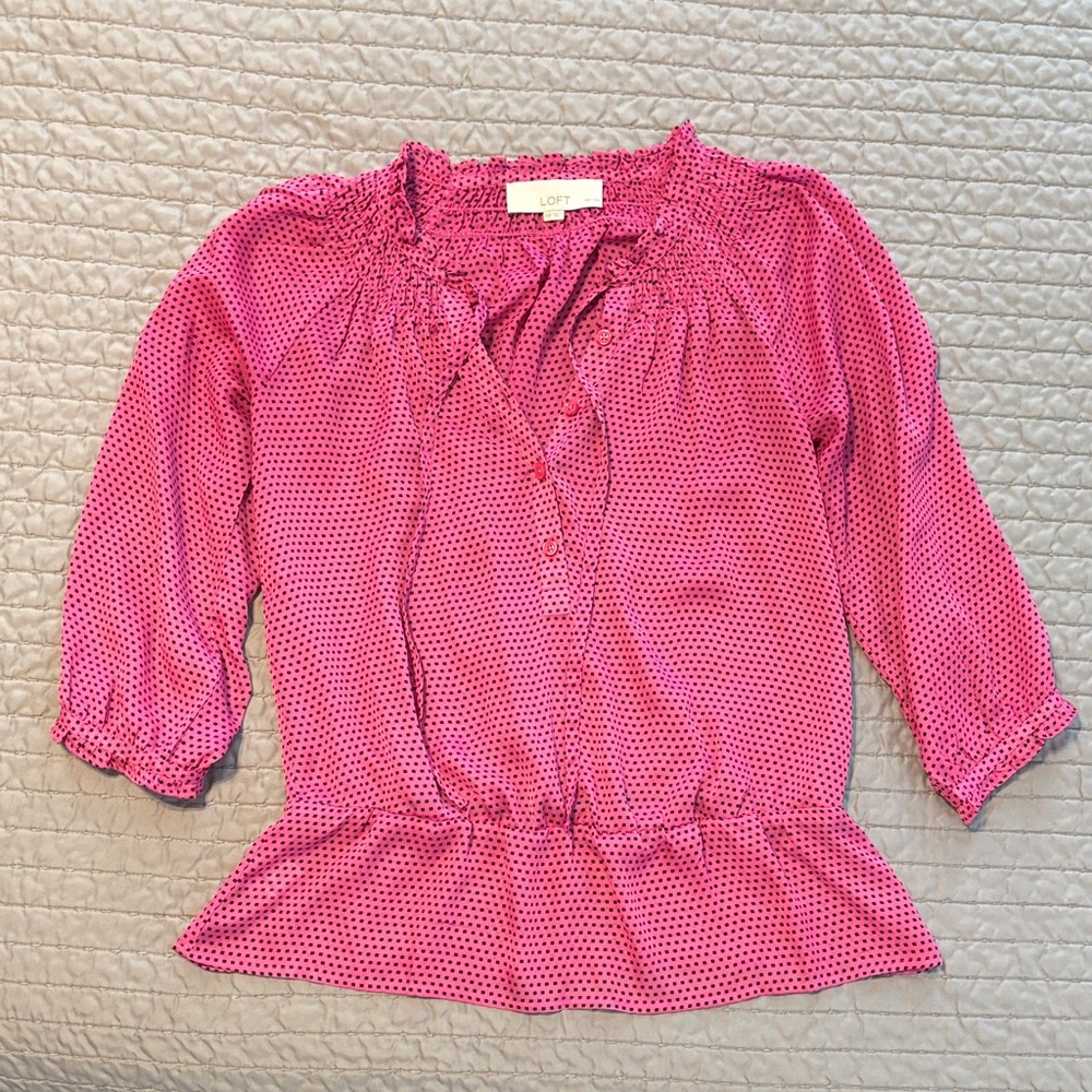 LOFT Pink Square Dot Peplum Tie Neck Blouse, EUC, XXSP